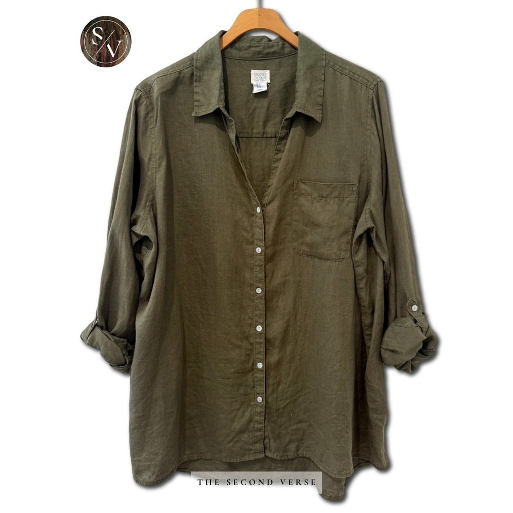 Sigrid Olsen Womens XL Olive Linen Buttondown Roll Tab Sleeve Shirt Natural